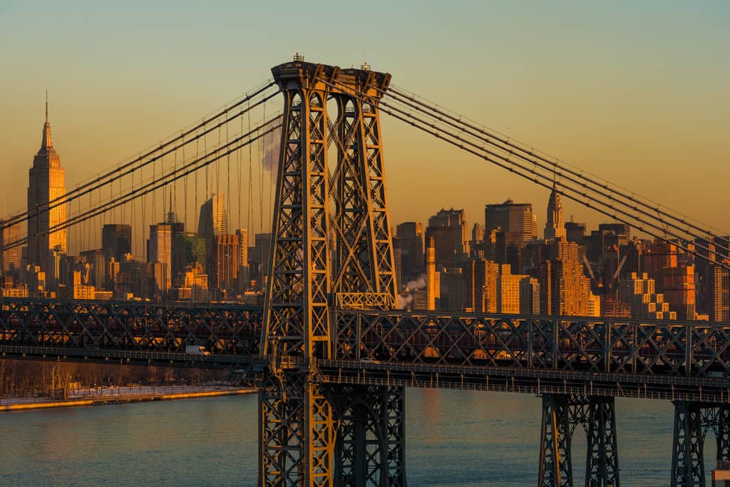 NYC behind the Williamsburgh Bridge at sunrise