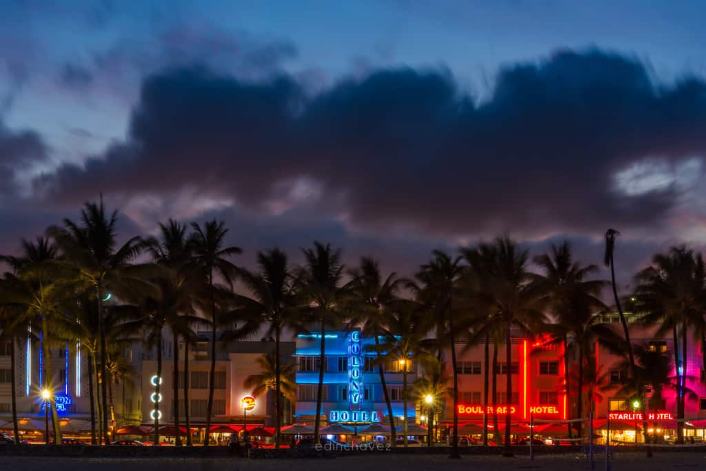 Ocean Drive hotels and palm trees glowing with neon at blue hour