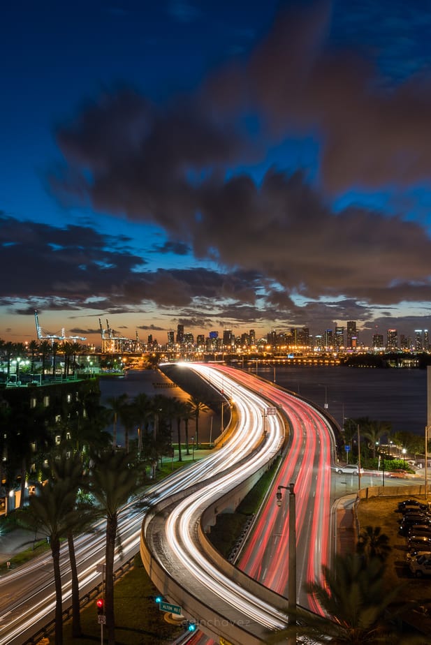 Miami Skyline at night shot from the best spots to photograph in miami beach