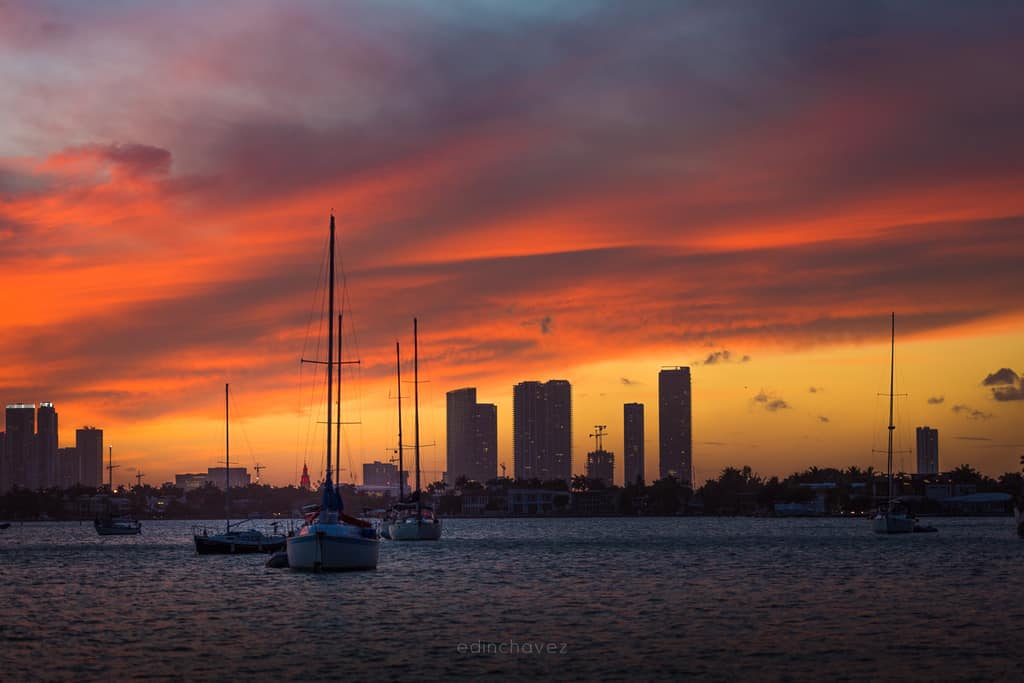 Sunset behind the Miami skyline Best Miami Beach Photography Spots