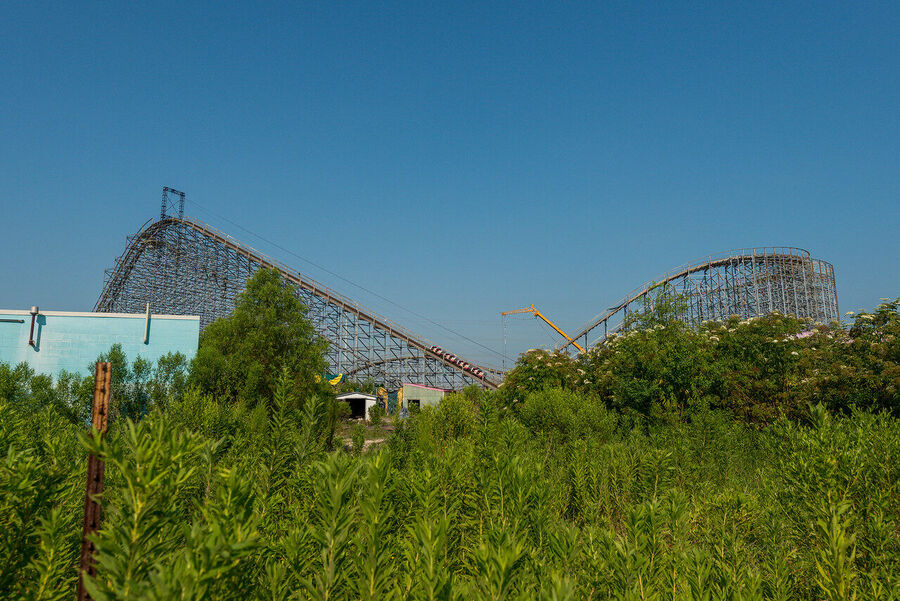 Fine art urban decay print of Six Flags New Orleans, Louisiana — a Katrina-era ruin where nature and forgotten infrastructure have merged