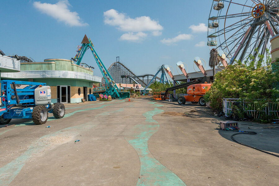 Fine art urban decay print of Six Flags New Orleans, Louisiana — a Katrina-era ruin where nature and forgotten infrastructure have merged
