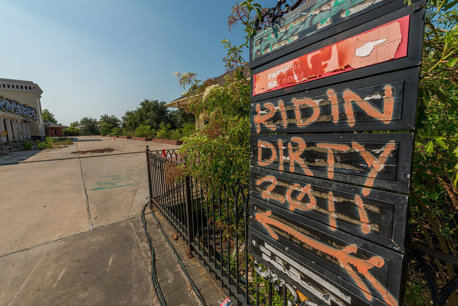 Fine art urban decay print of Six Flags New Orleans, Louisiana — a Katrina-era ruin where nature and forgotten infrastructure have merged