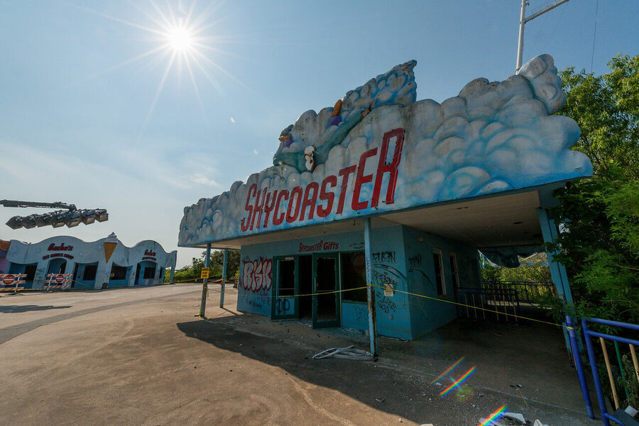 Fine art urban decay print of Six Flags New Orleans, Louisiana — a Katrina-era ruin where nature and forgotten infrastructure have merged