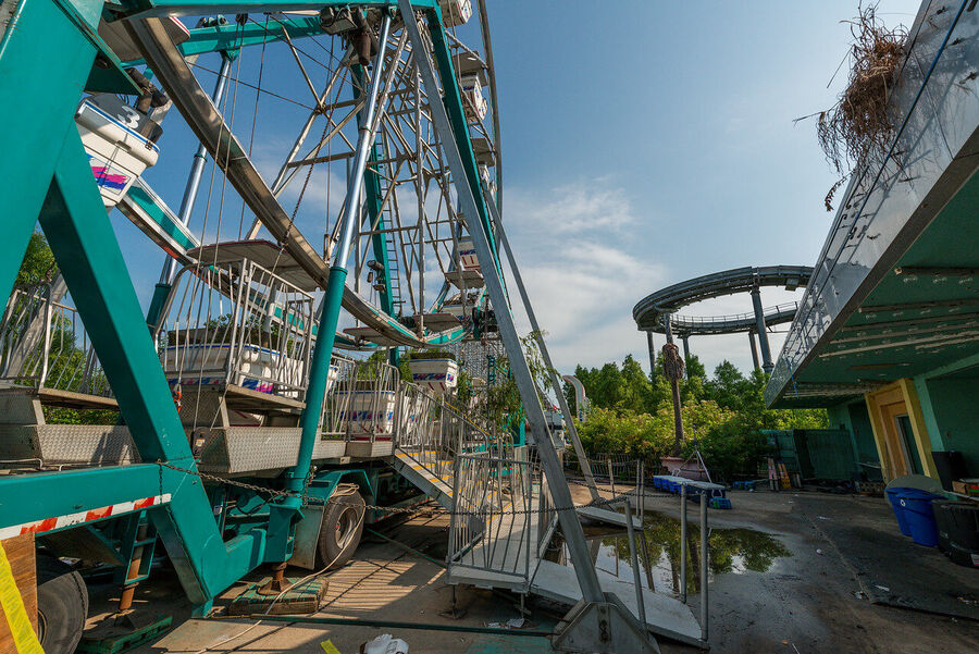 Fine art urban decay print of Six Flags New Orleans, Louisiana — a Katrina-era ruin where nature and forgotten infrastructure have merged