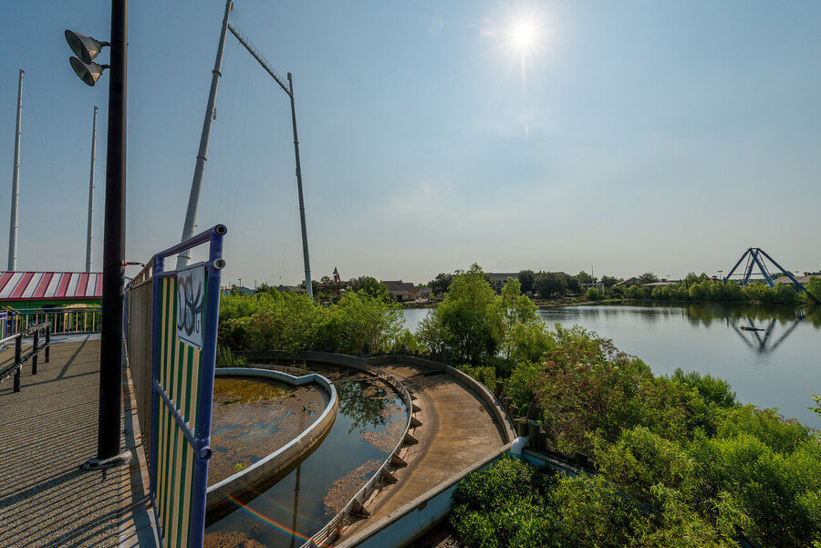 Fine art urban decay print of Six Flags New Orleans, Louisiana — a Katrina-era ruin where nature and forgotten infrastructure have merged