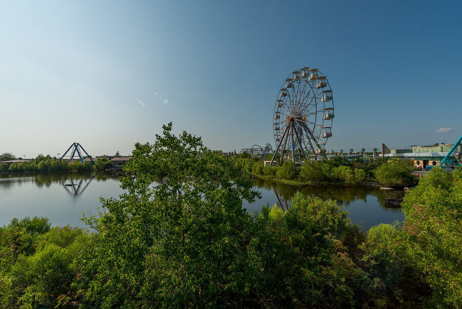 Atmospheric fine art photograph of abandoned roller coaster tracks rising above an overgrown New Orleans landscape, dramatic sky overhead