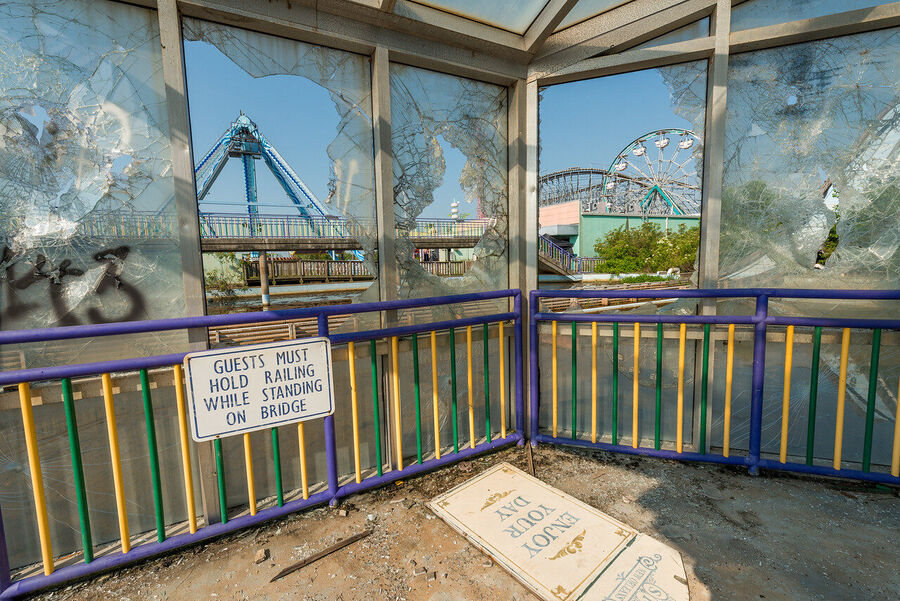 Fine art urban decay print of Six Flags New Orleans, Louisiana — a Katrina-era ruin where nature and forgotten infrastructure have merged