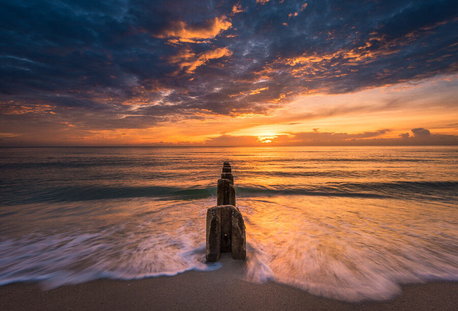 Fine art seascape print of Miami Beach at the magic hour, long exposure smoothing the surf to silk as pastel sky reflects in wet sand