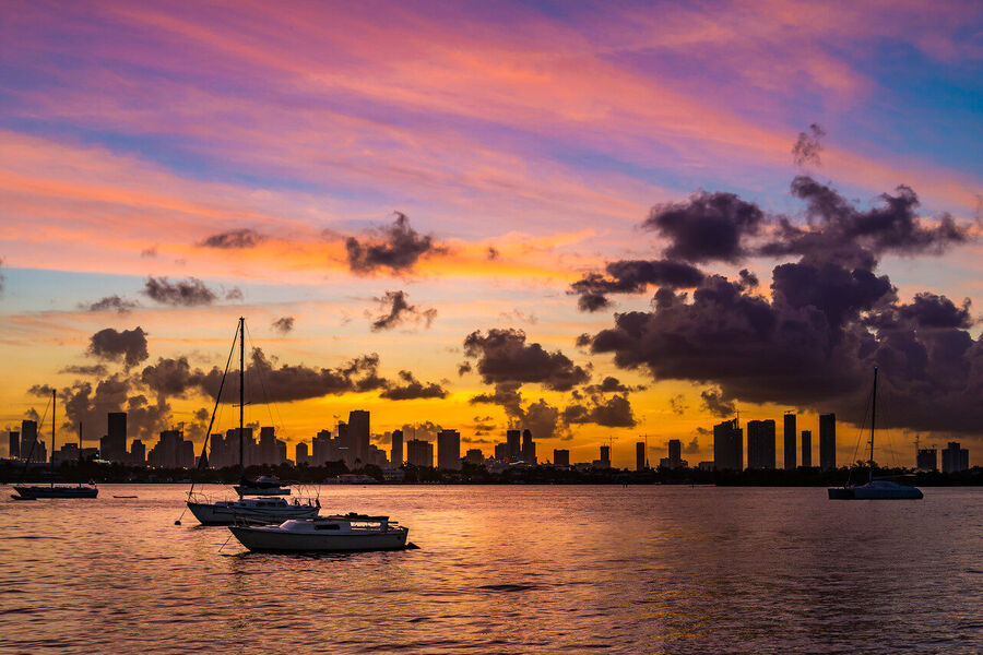Large format fine art cityscape photograph of Brickell and downtown Miami towers illuminated against a deep blue pre-dawn sky