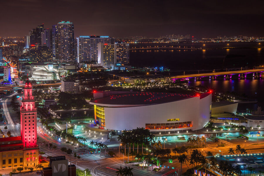 Large format fine art cityscape photograph of Brickell and downtown Miami towers illuminated against a deep blue pre-dawn sky
